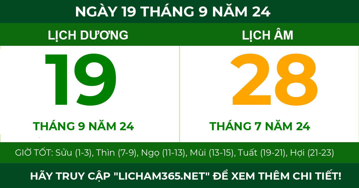 lịch âm ngày 19 tháng 9 năm 24