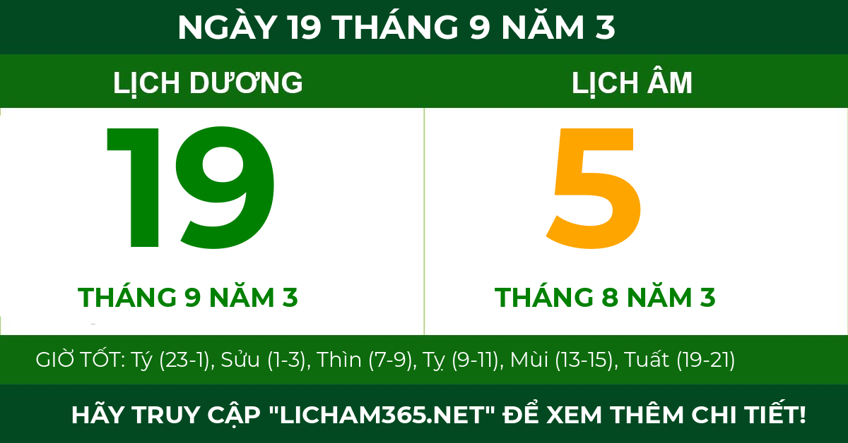 lịch âm ngày 19 tháng 9 năm 3