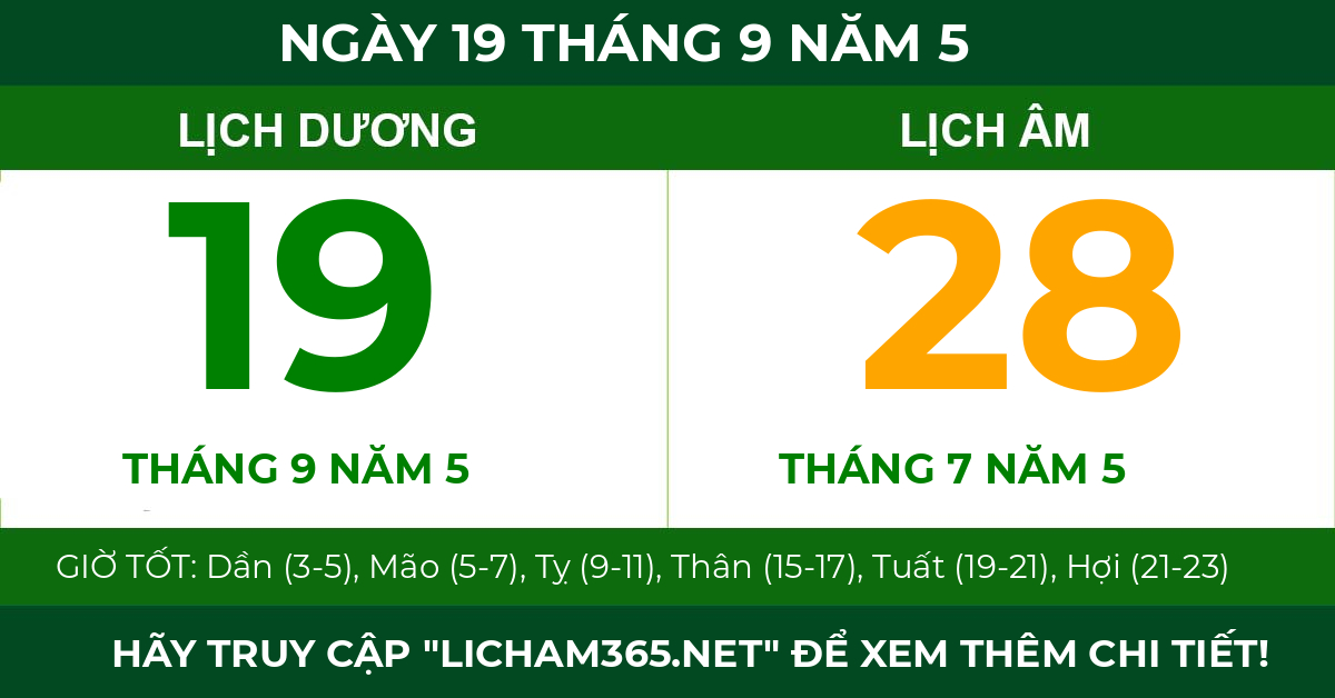 lịch âm ngày 19 tháng 9 năm 5