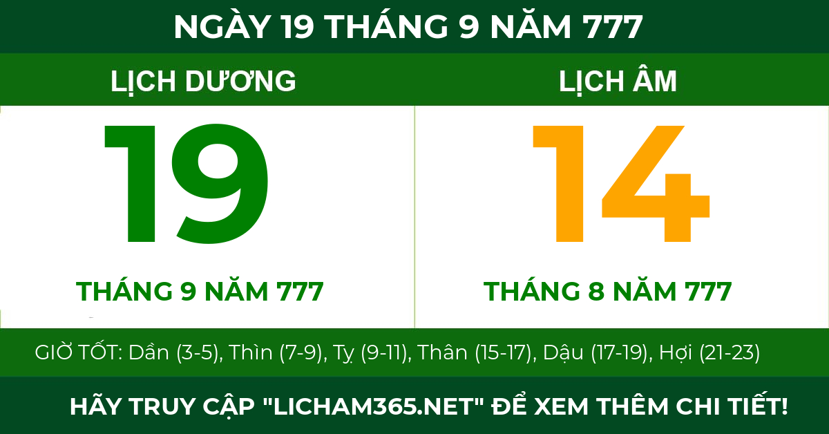 lịch âm ngày 19 tháng 9 năm 777