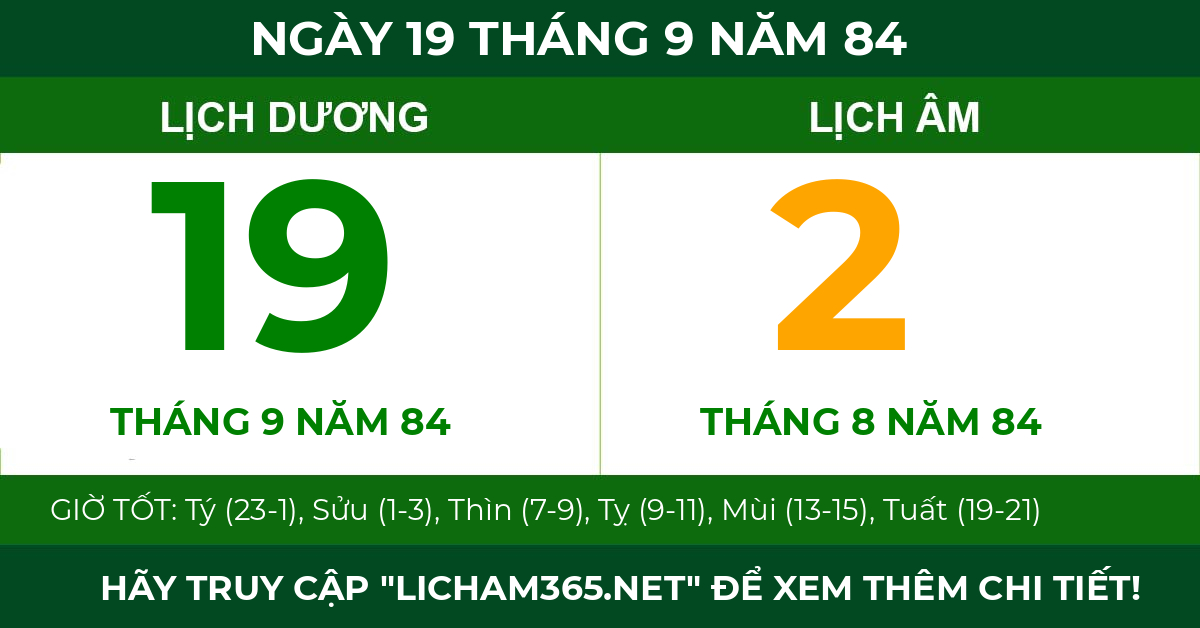lịch âm ngày 19 tháng 9 năm 84