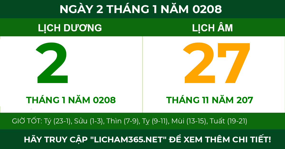 lịch âm ngày 2 tháng 1 năm 0208