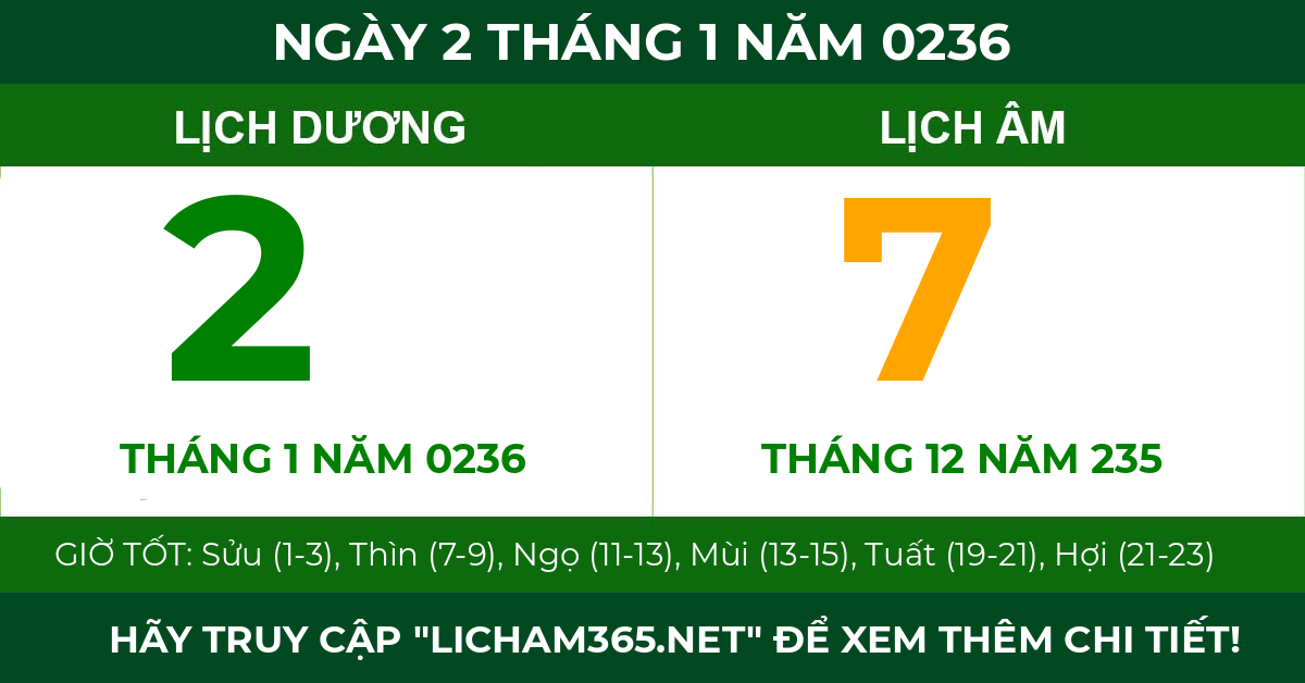 lịch âm ngày 2 tháng 1 năm 0236