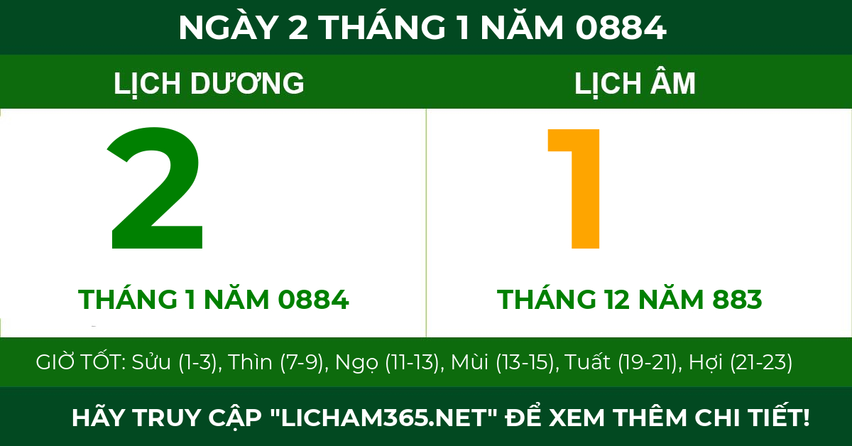 lịch âm ngày 2 tháng 1 năm 0884