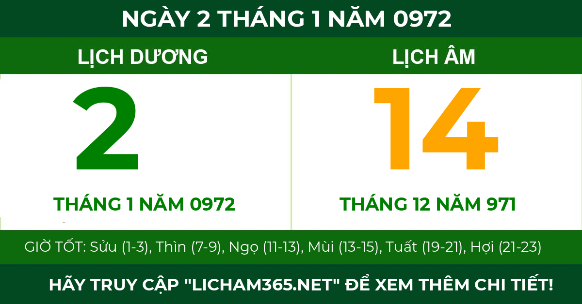 lịch âm ngày 2 tháng 1 năm 0972