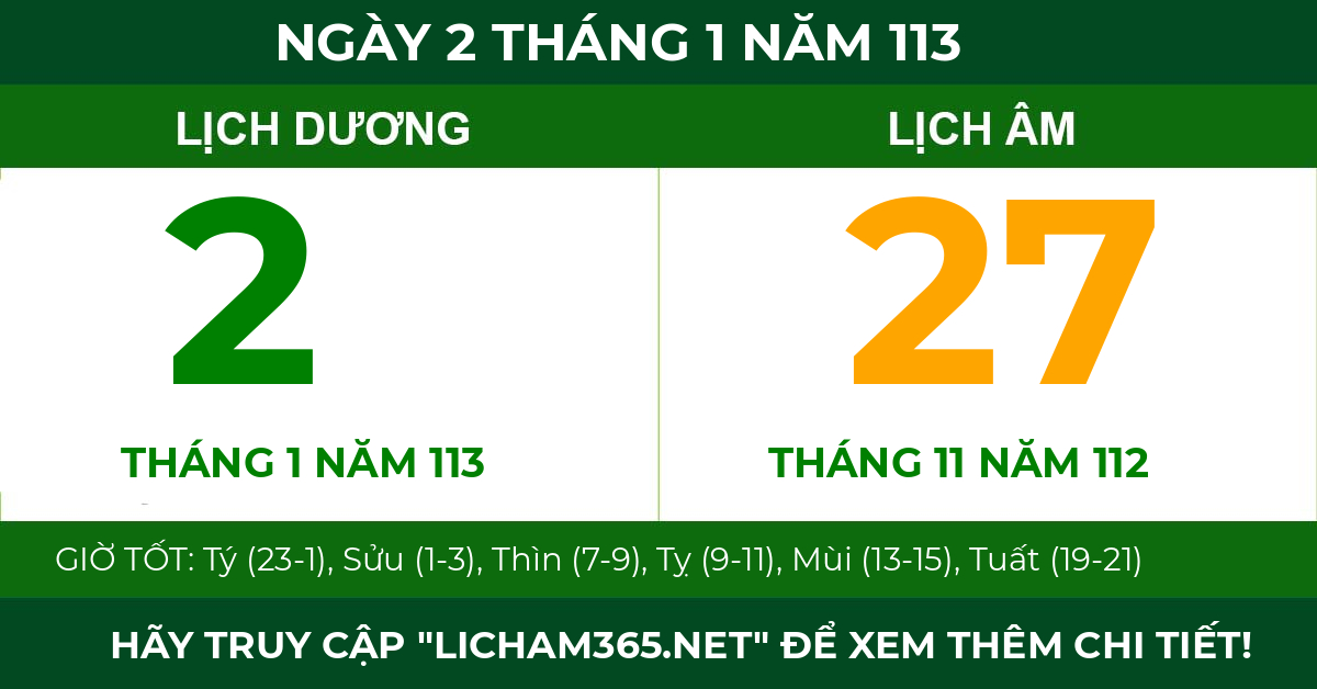lịch âm ngày 2 tháng 1 năm 113