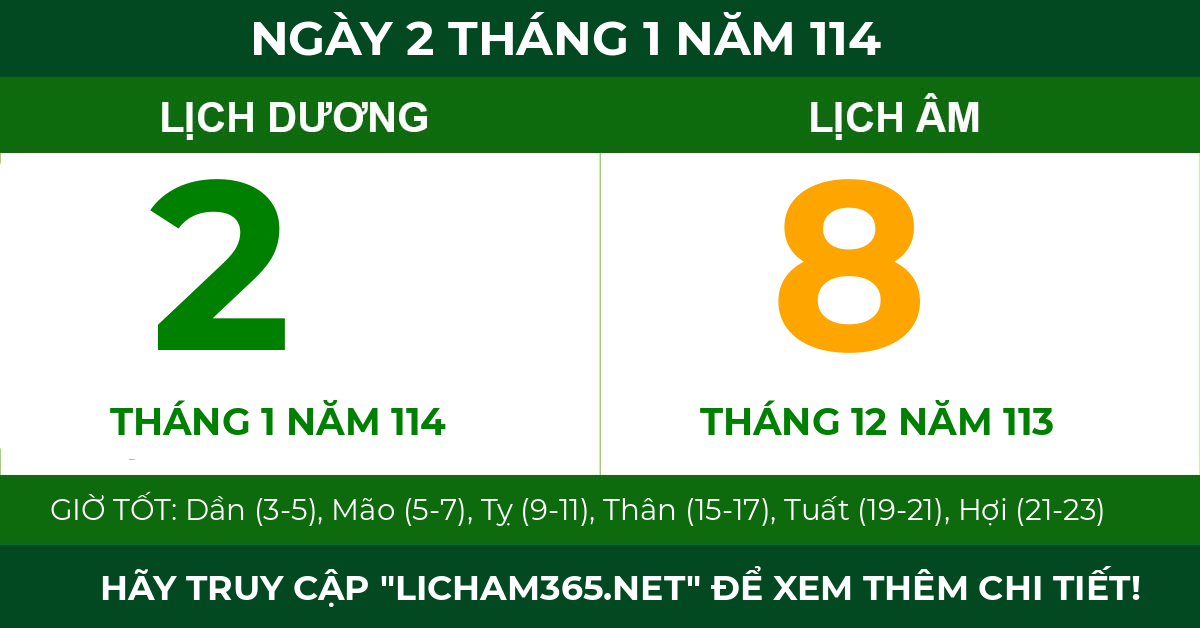 lịch âm ngày 2 tháng 1 năm 114
