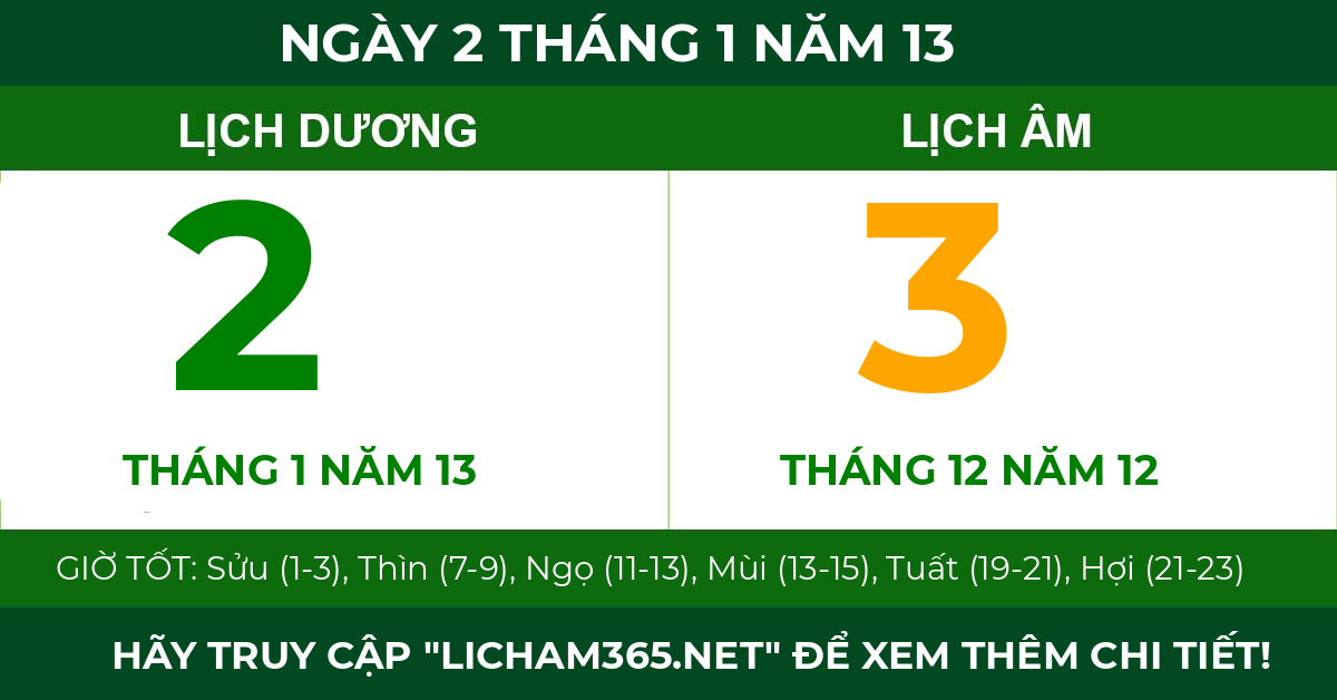 lịch âm ngày 2 tháng 1 năm 13