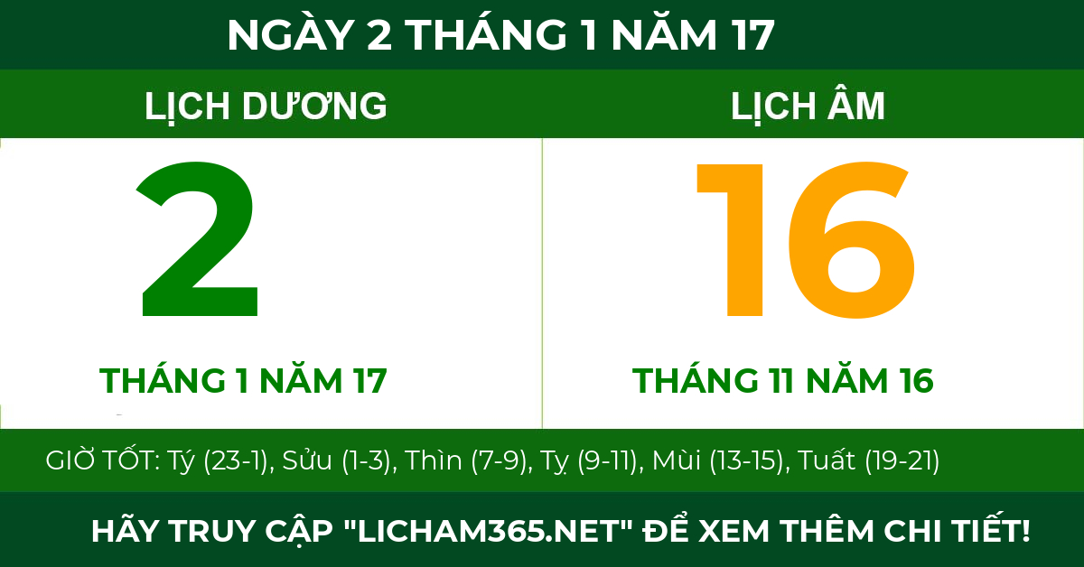 lịch âm ngày 2 tháng 1 năm 17