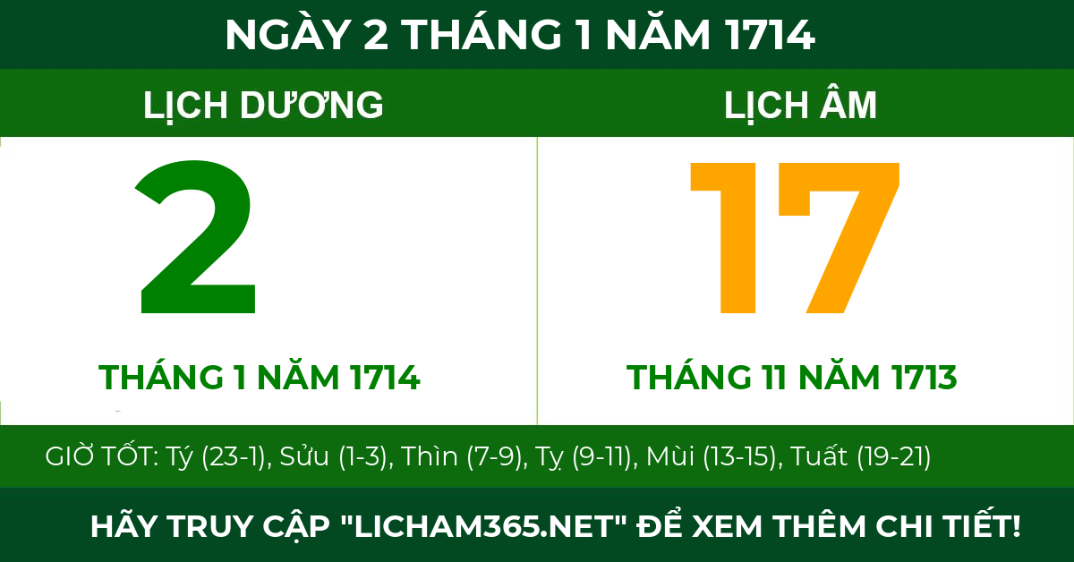 lịch âm ngày 2 tháng 1 năm 1714