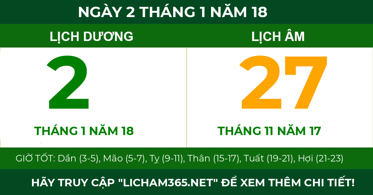 lịch âm ngày 2 tháng 1 năm 18