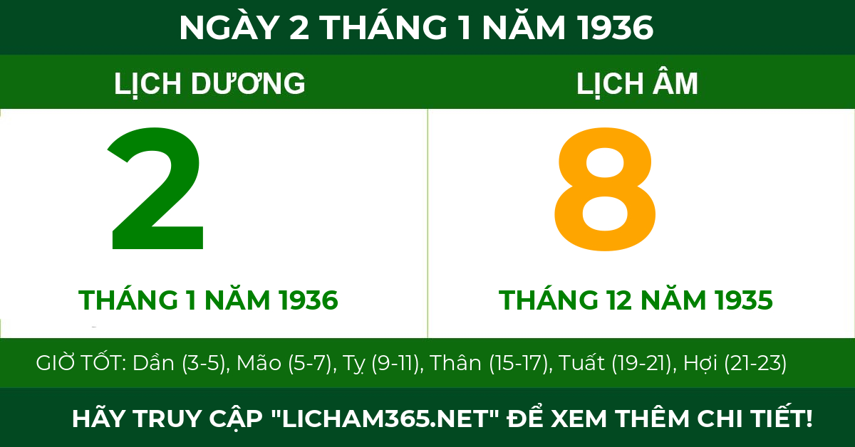 lịch âm ngày 2 tháng 1 năm 1936
