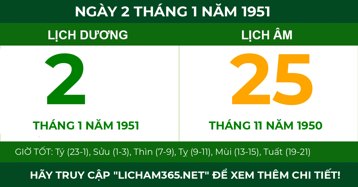 lịch âm ngày 2 tháng 1 năm 1951