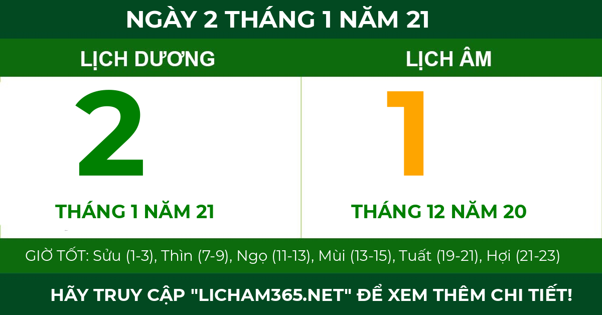 lịch âm ngày 2 tháng 1 năm 21