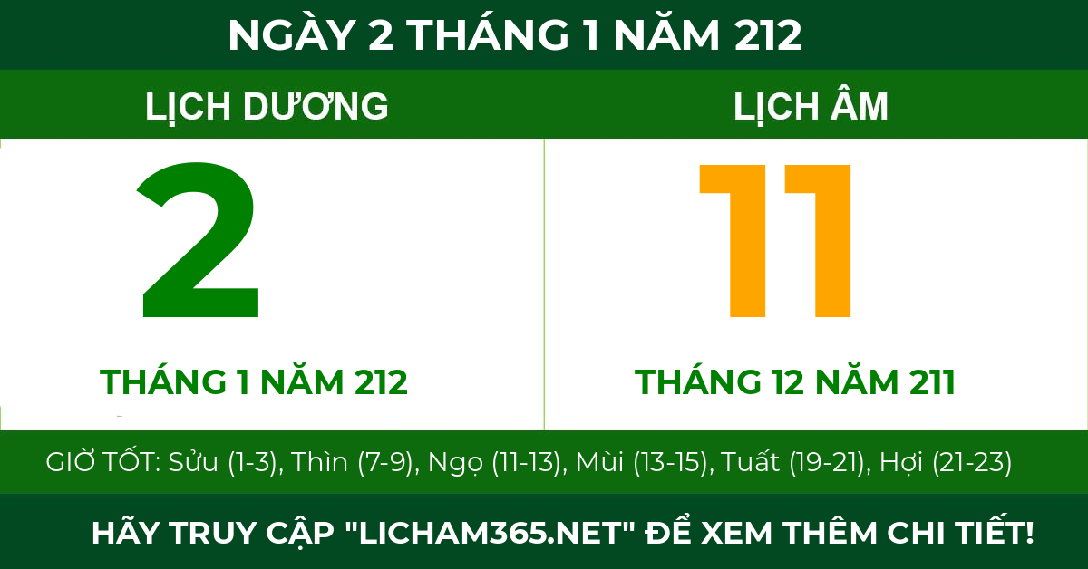 lịch âm ngày 2 tháng 1 năm 212