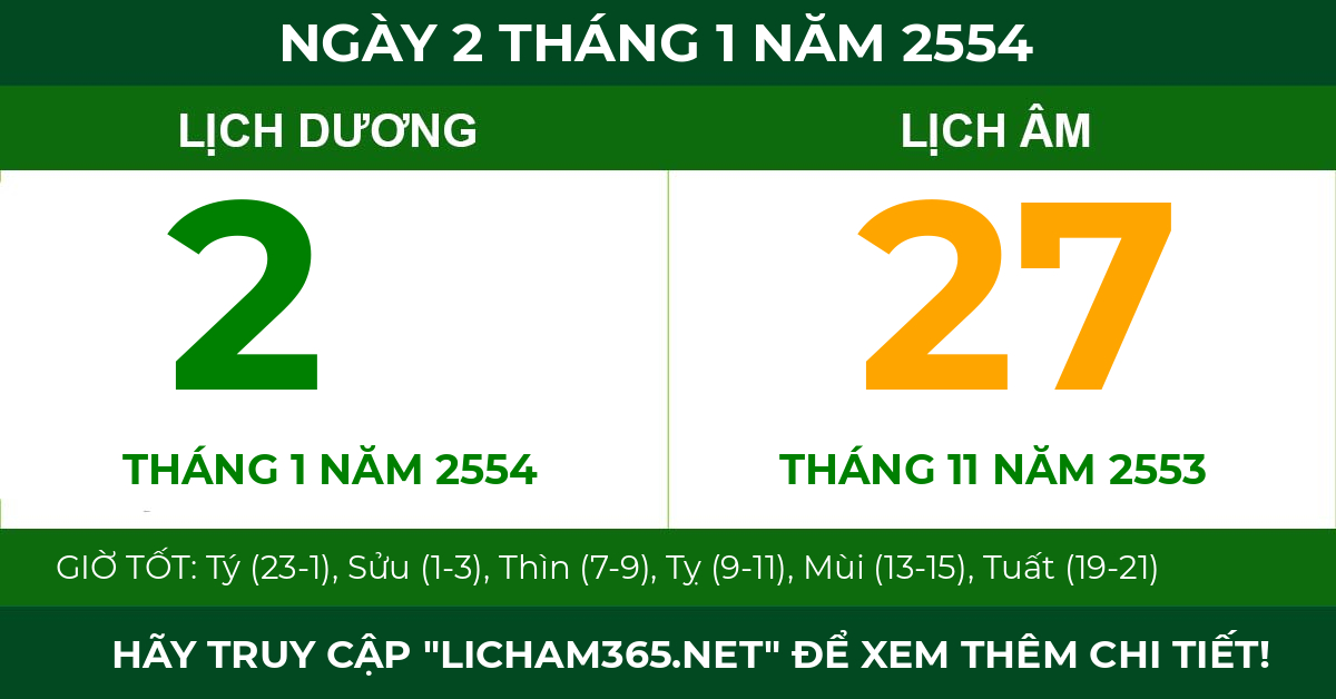 lịch âm ngày 2 tháng 1 năm 2554