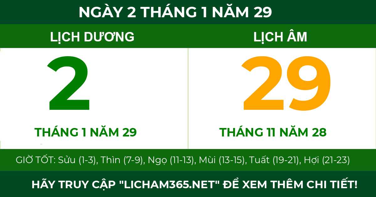 lịch âm ngày 2 tháng 1 năm 29