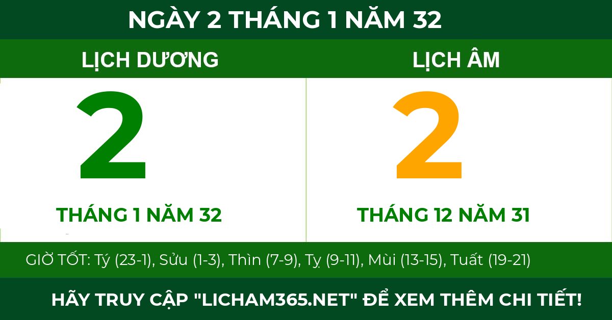 lịch âm ngày 2 tháng 1 năm 32