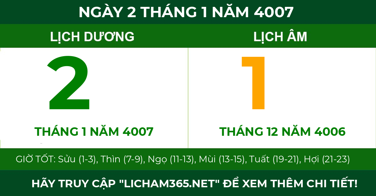 lịch âm ngày 2 tháng 1 năm 4007