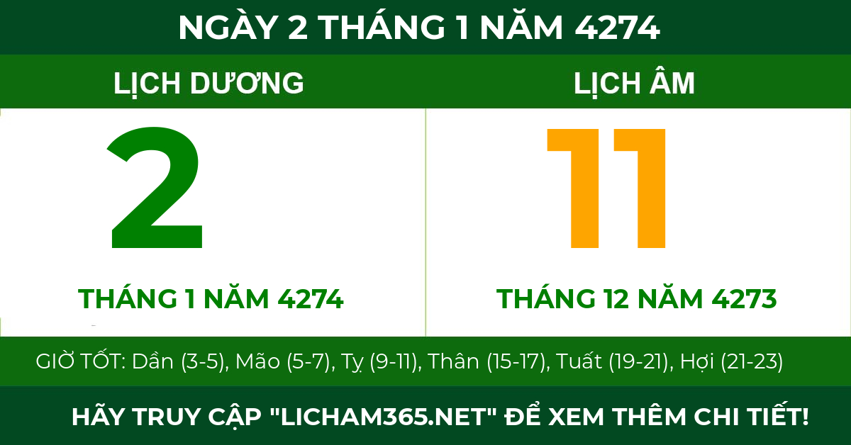 lịch âm ngày 2 tháng 1 năm 4274