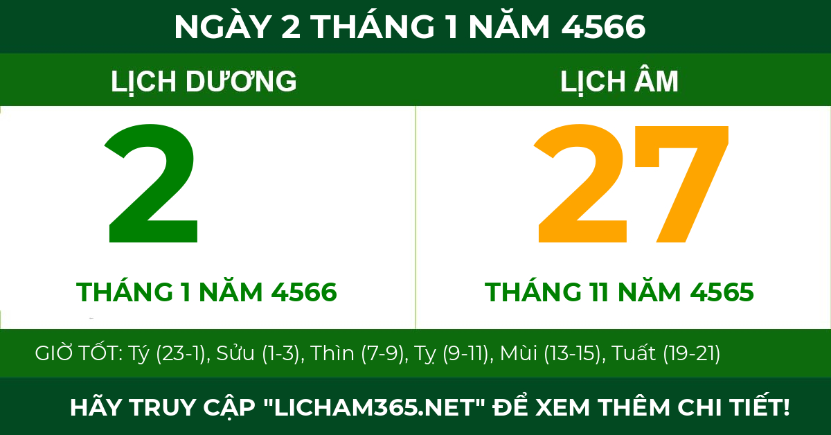 lịch âm ngày 2 tháng 1 năm 4566