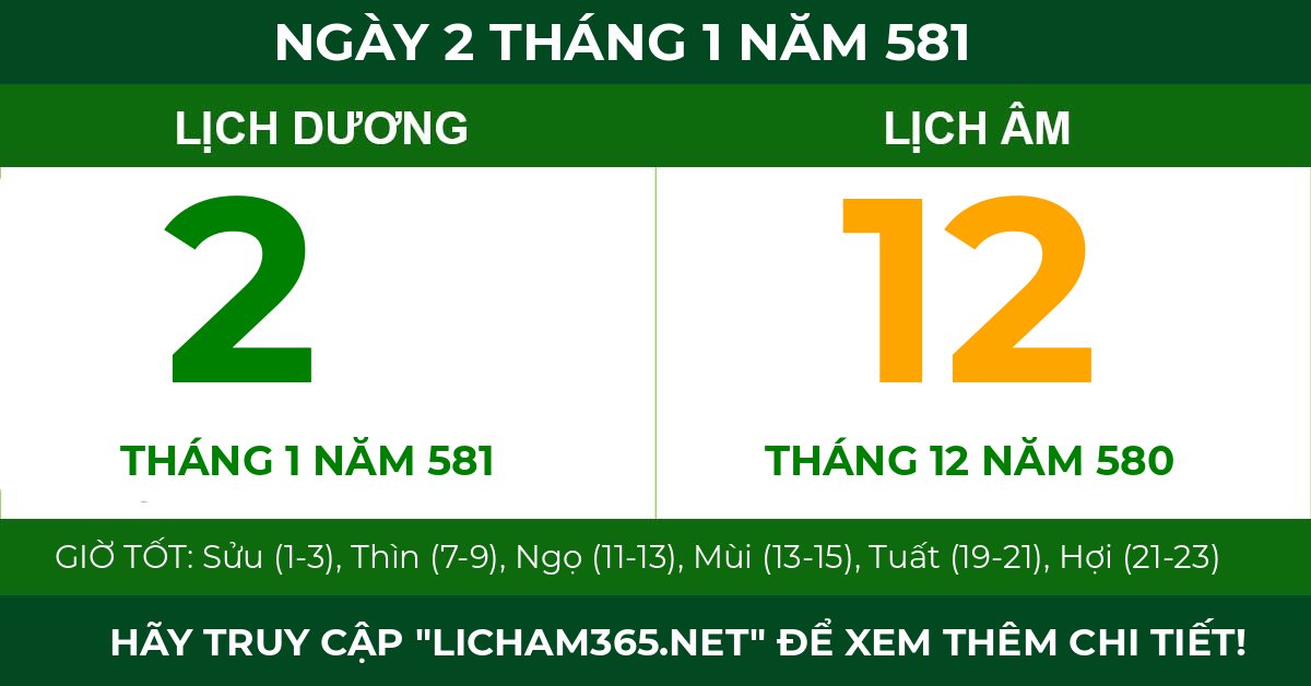 lịch âm ngày 2 tháng 1 năm 581