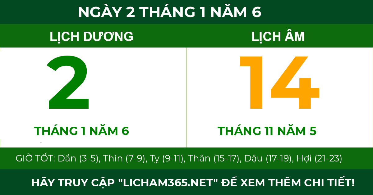 lịch âm ngày 2 tháng 1 năm 6