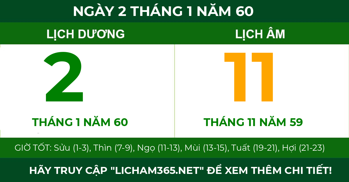 lịch âm ngày 2 tháng 1 năm 60