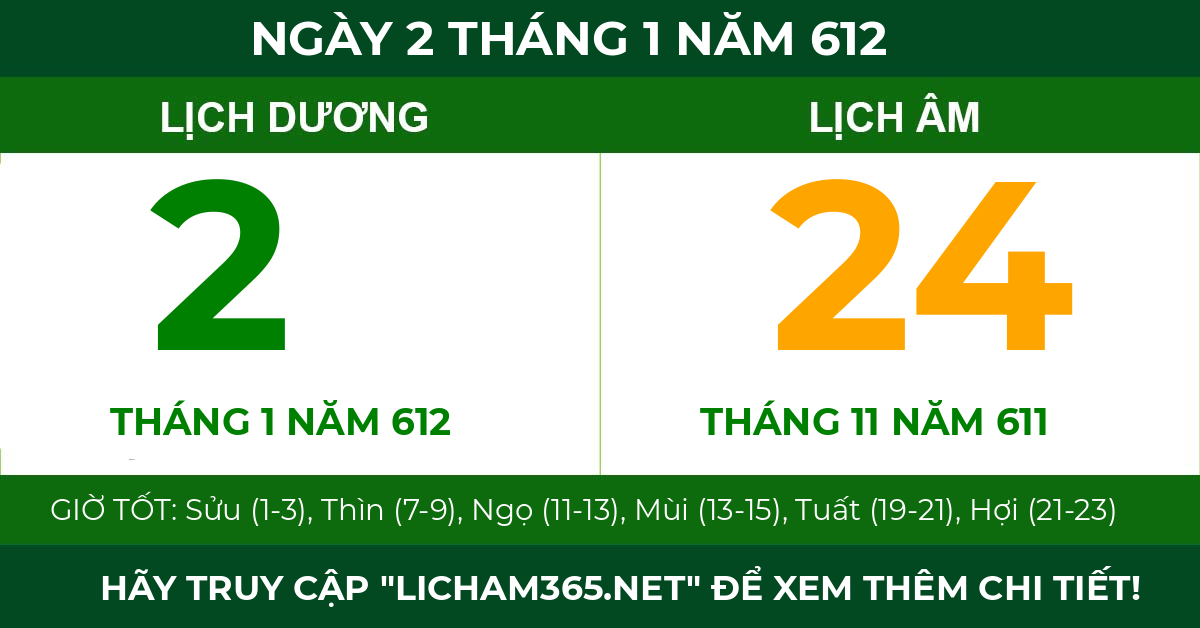 lịch âm ngày 2 tháng 1 năm 612