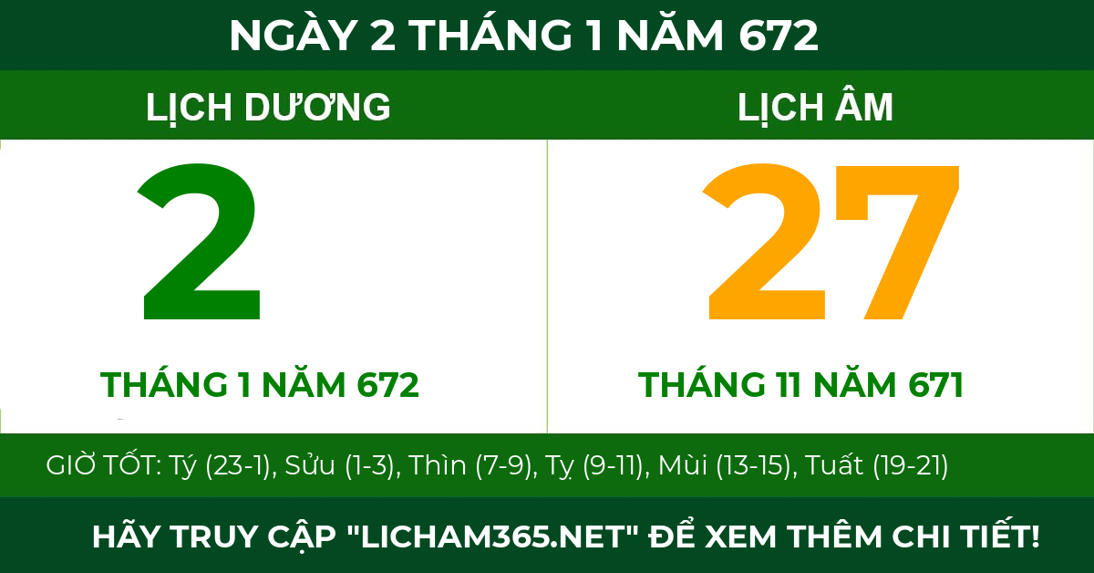 lịch âm ngày 2 tháng 1 năm 672
