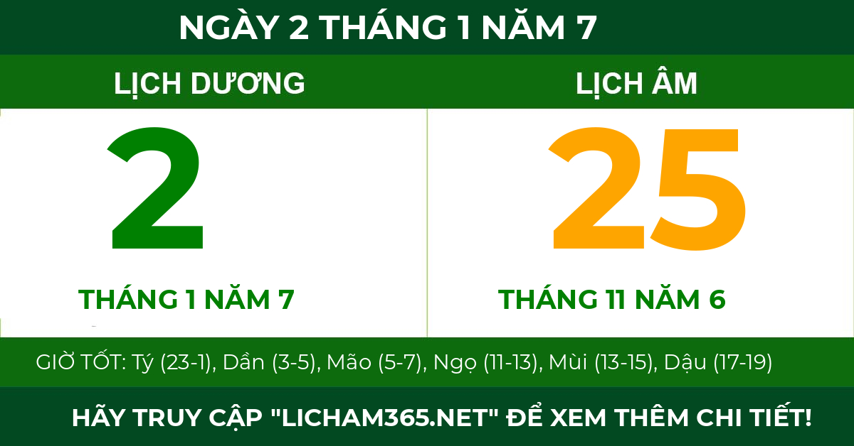 lịch âm ngày 2 tháng 1 năm 7