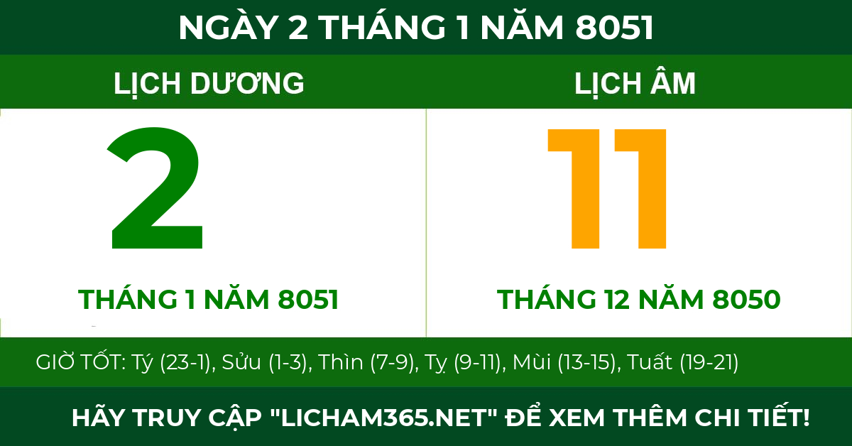 lịch âm ngày 2 tháng 1 năm 8051
