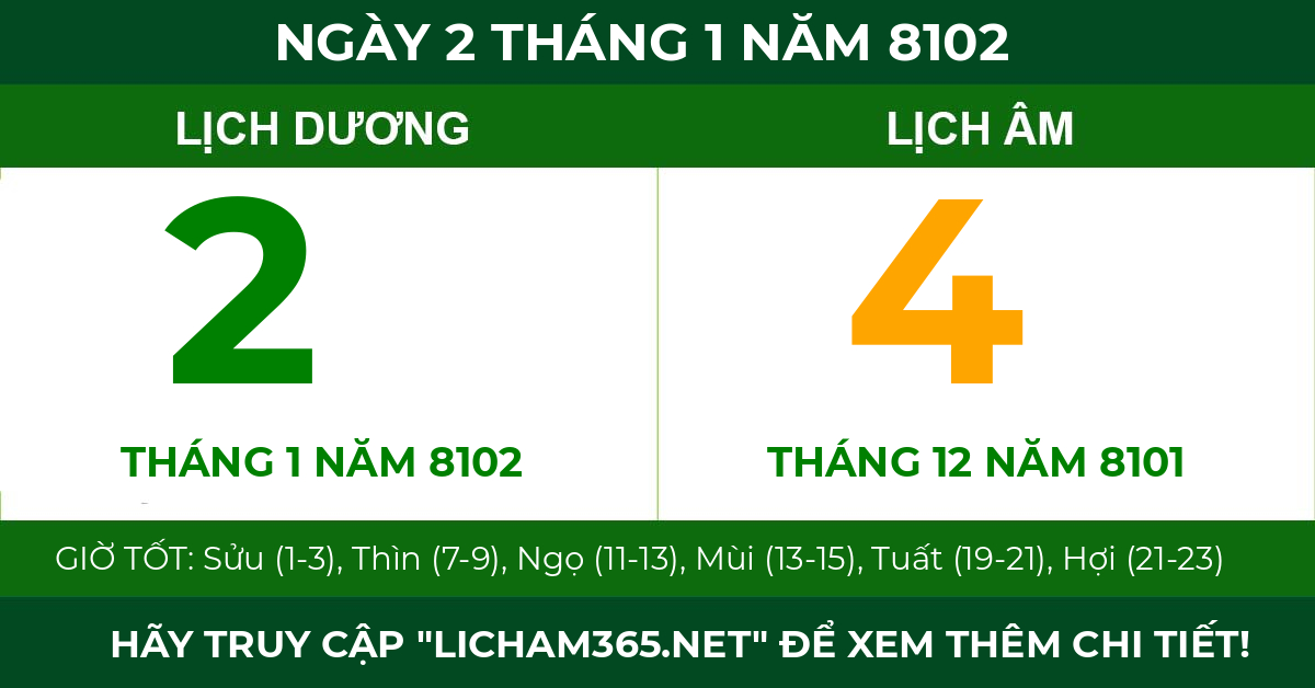 lịch âm ngày 2 tháng 1 năm 8102