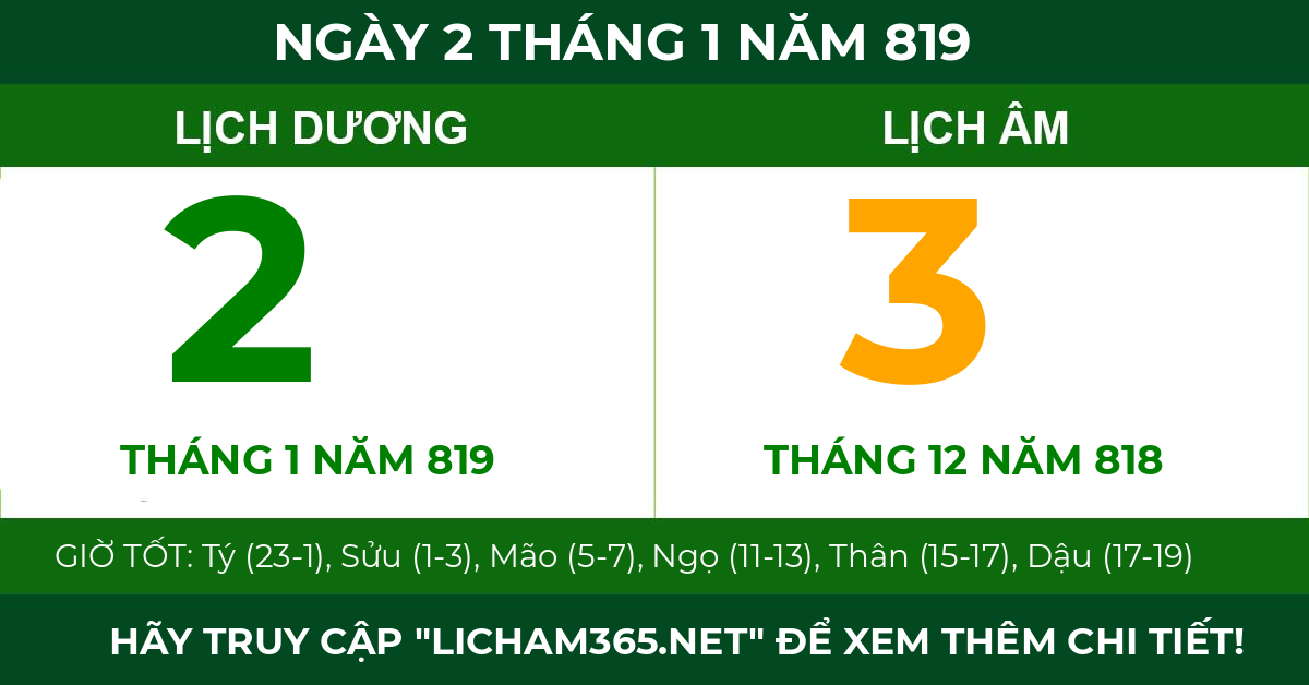 lịch âm ngày 2 tháng 1 năm 819