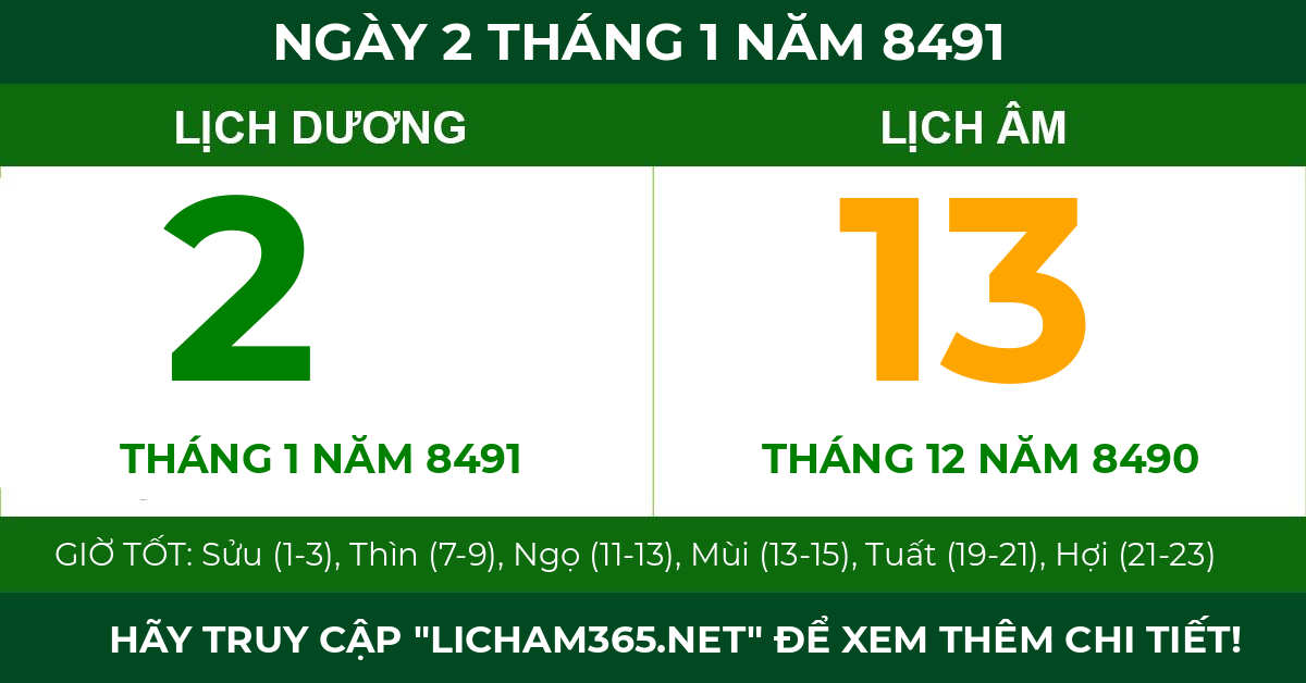 lịch âm ngày 2 tháng 1 năm 8491