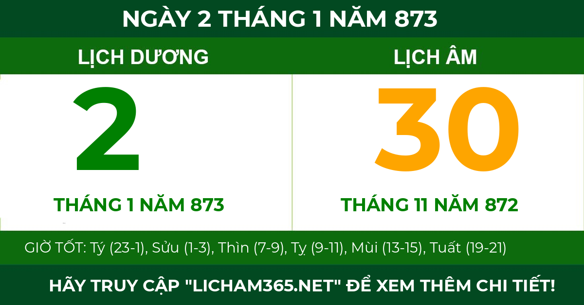 lịch âm ngày 2 tháng 1 năm 873