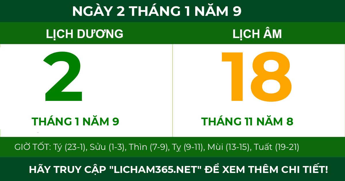 lịch âm ngày 2 tháng 1 năm 9