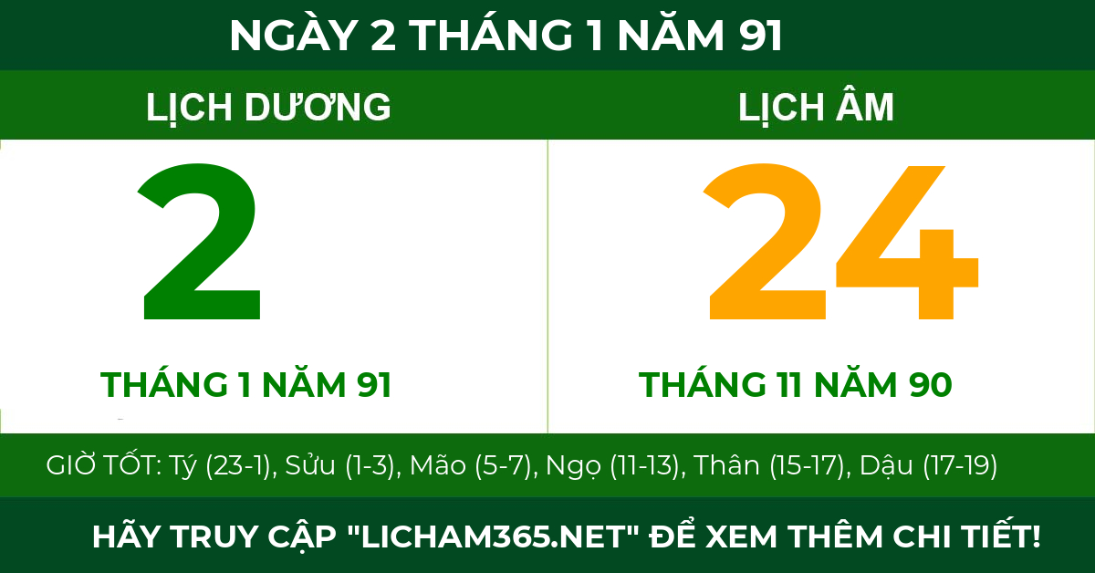 lịch âm ngày 2 tháng 1 năm 91