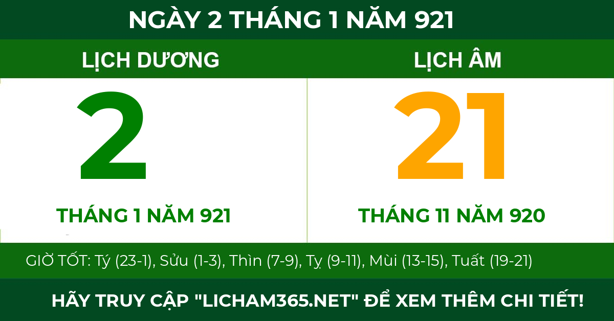 lịch âm ngày 2 tháng 1 năm 921