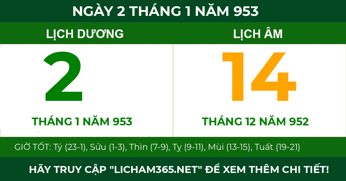 lịch âm ngày 2 tháng 1 năm 953