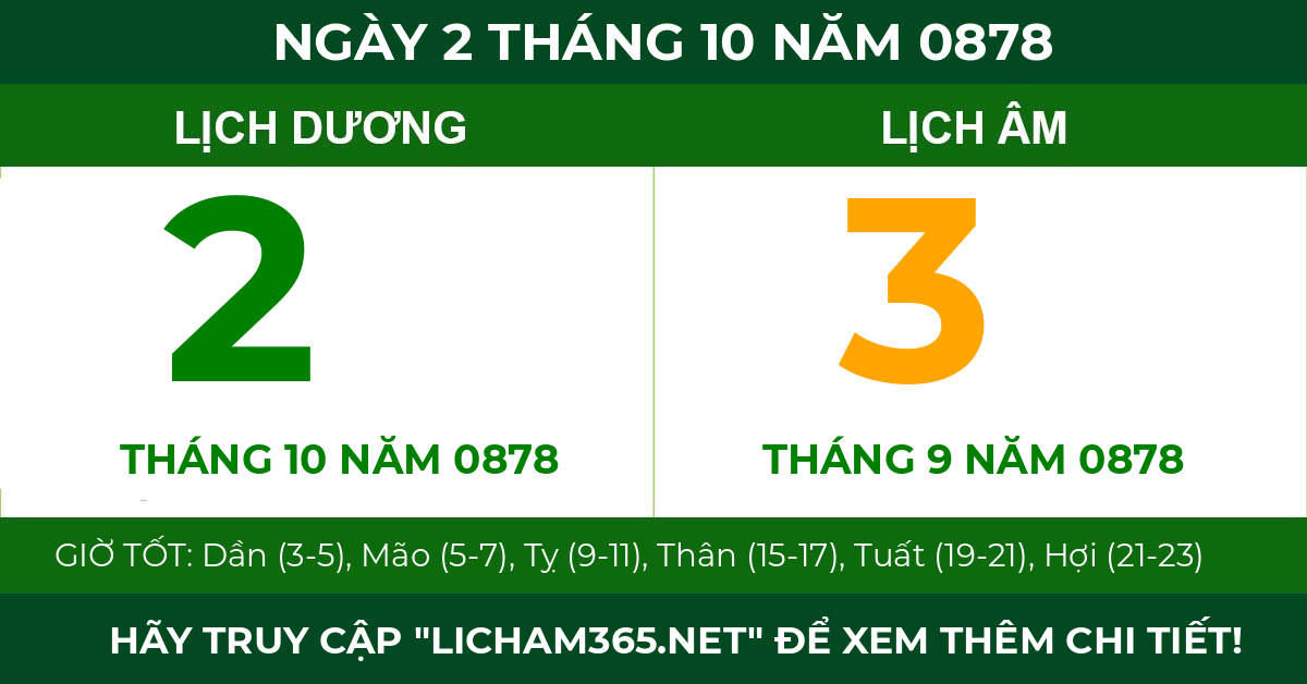 lịch âm ngày 2 tháng 10 năm 0878