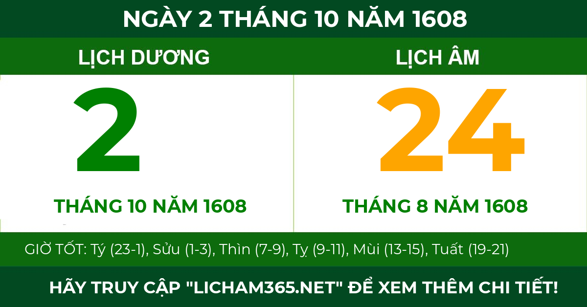 lịch âm ngày 2 tháng 10 năm 1608