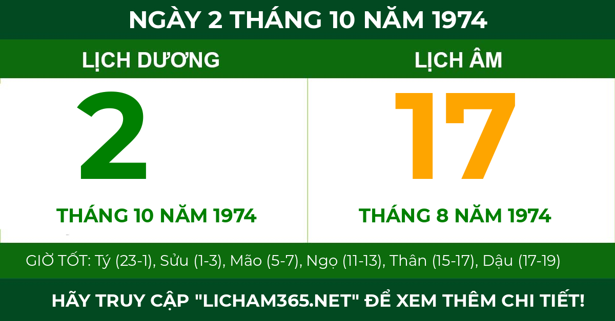 lịch âm ngày 2 tháng 10 năm 1974