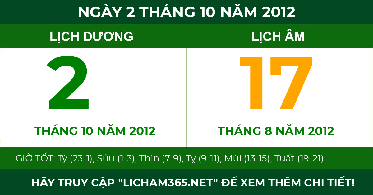 lịch âm ngày 2 tháng 10 năm 2012