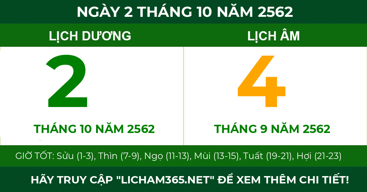 lịch âm ngày 2 tháng 10 năm 2562
