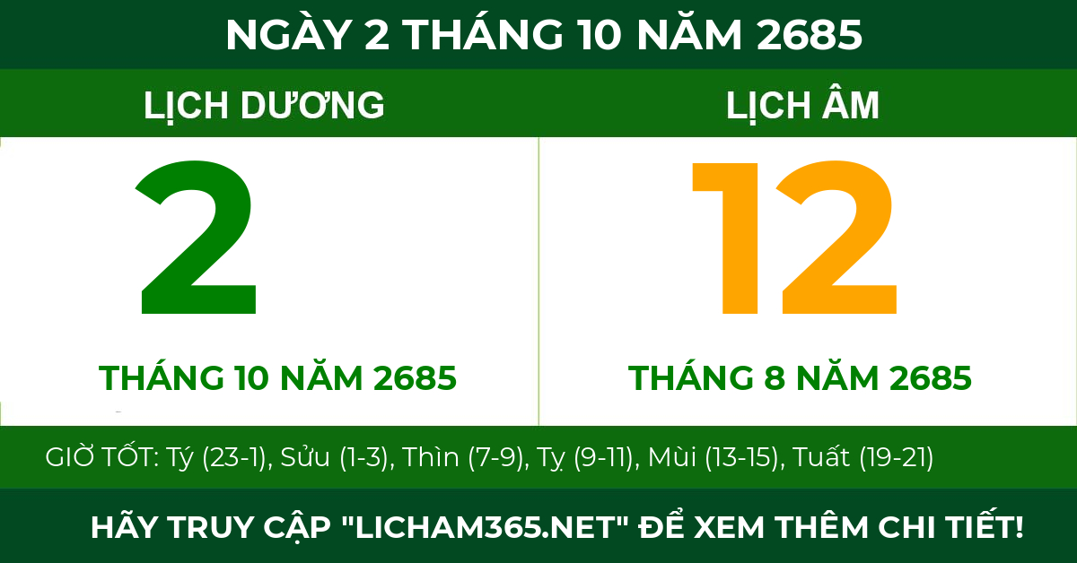 lịch âm ngày 2 tháng 10 năm 2685