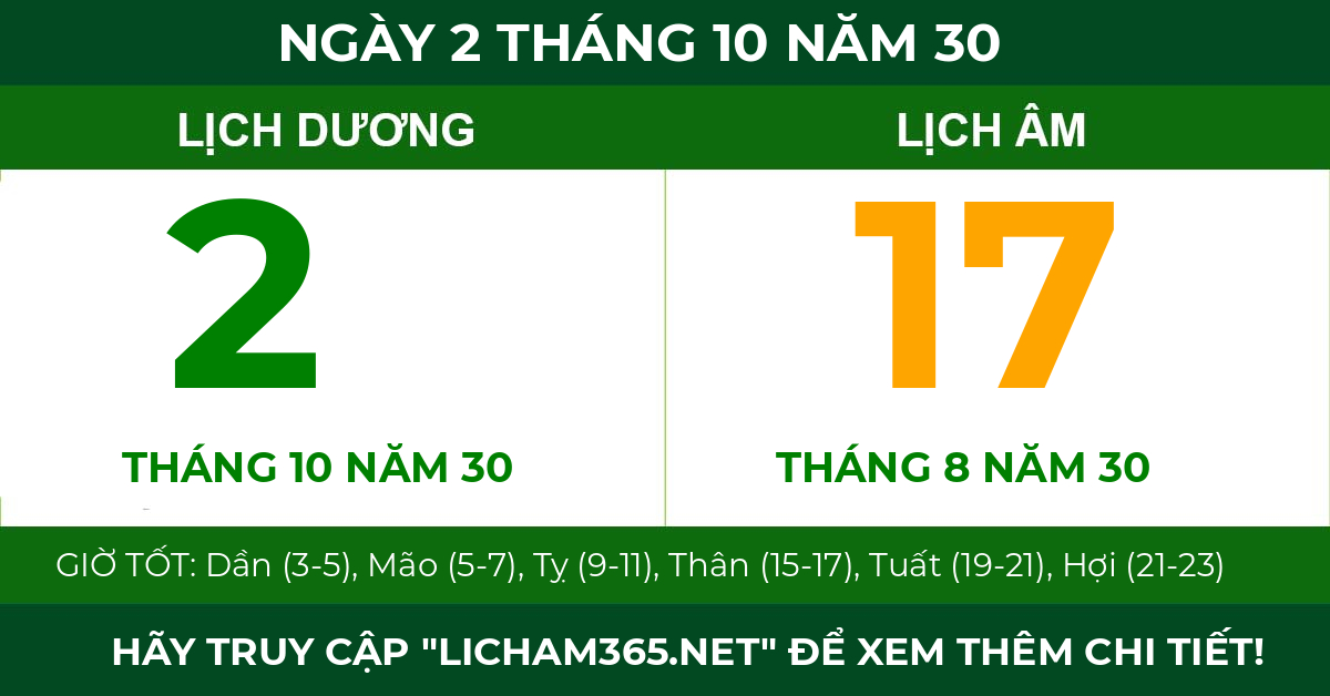 lịch âm ngày 2 tháng 10 năm 30