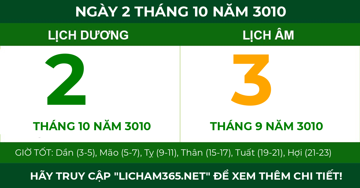 lịch âm ngày 2 tháng 10 năm 3010
