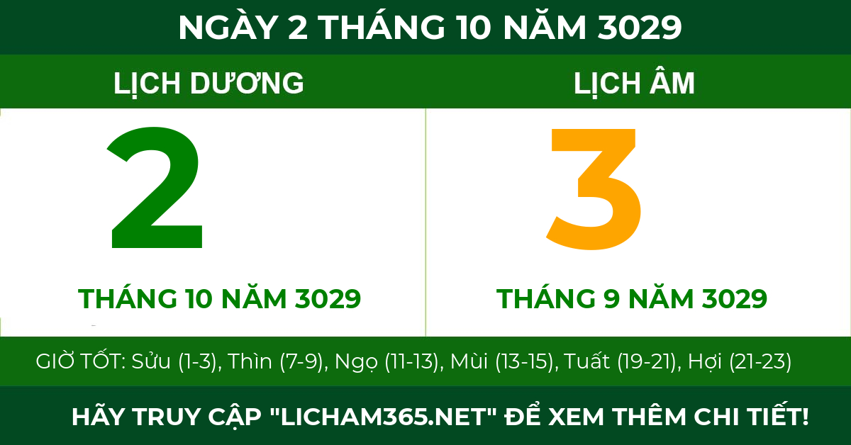 lịch âm ngày 2 tháng 10 năm 3029