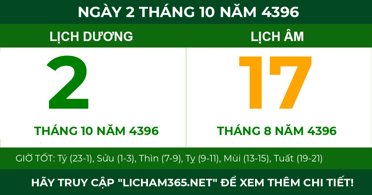 lịch âm ngày 2 tháng 10 năm 4396